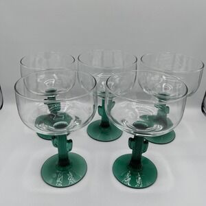 Set of 5 Libbey Cactus 16oz Margarita Glasses 6.5" T Green Glass Saguaro Stem